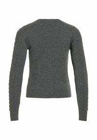 Pull en maille gris foncé à manches longues avec des motifs torsadés, montré de dos sur un fond blanc.