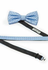 Blå prickig fluga i texturerad tyg, med ett fast svart justerbart band och metallspänne samt etikett.