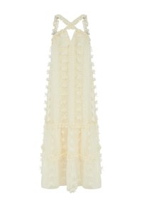 Robe sans manches de couleur crème avec des bretelles croisées, en tissu texturé, avec des volants superposés sur toute la longueur et l'ourlet.