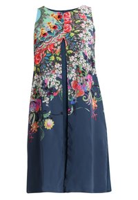 Hihaton mekko tummansinisestä kankaasta, jossa on kukkakuvioita eloisilla väreillä, kuten punaisella, vaaleanpunaisella ja vihreällä. Keskellä oleva halkio lisää muotoiluehdotusta.