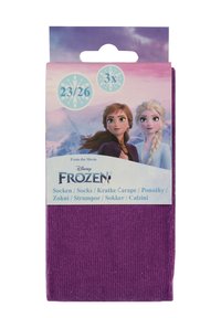 Lila Kindersocken mit ribbeliger Textur, featuring ein Verpackungsdesign von Disneys Die Eiskönigin. Beinhaltet Bilder der Figuren Anna und Elsa.