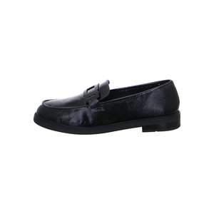Black leather loafer with a low heel and decorative strap detail across the top, shown from the outer side.