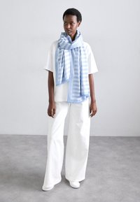 Écharpe bleu clair à rayures alternées, avec des bords frangés, portée sur un t-shirt blanc. Le modèle se tient à côté d'un fond gris clair.