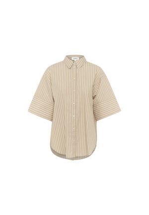 Chemise beige à boutonner avec des rayures verticales blanches, à manches courtes, col pointu et ourlet arrondi pour une coupe décontractée.