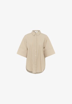 Beige overhemd met knoopsluiting en verticale witte strepen, met korte mouwen, een puntkraag en een afgeronde zoom voor een casual pasvorm.