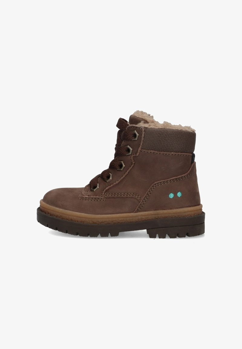 Bruine leren enkellaarzen met een nepbont voering, 6 metalen veterogen, bruine rubberen zool en turquoise accenten op de hak.