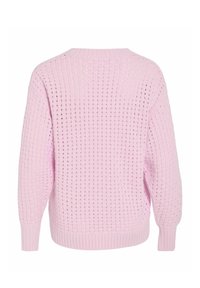 Pull tricoté rose clair avec un motif en maille ajourée à carreaux, manches longues, et poignets et ourlet côtelés, vu de dos.