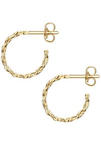 Arany fülbevalók csavart lánc dizájnnal, biztos zárószárral, kerek formával és sima fémes felülettel.