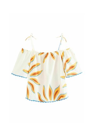 Schulterfreies Oberteil mit einem weißen Grund, das mit orangefarbenen und blauen Blumenmustern verziert ist, mit elastischem Ausschnitt und gewelltem Saum sowie verstellbaren Bindebändern.