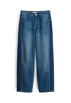 Wide-leg jeans featuring a mix of light and dark blue denim. The fabric has a smooth texture with a classic five-pocket design and sturdy waistband.