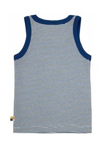 Canottiera a righe con linee orizzontali blu e bianche, scollatura tonda, senza maniche e un piccolo etichetta multicolore sull'orlo.