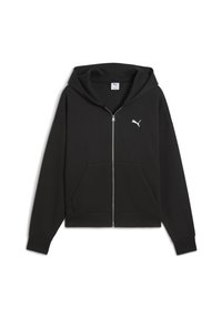 Felpa nera con zip realizzata in materiale liscio, dotata di un ampio cappuccio, tasche frontali e un grande logo Puma bianco sul lato sinistro del petto.