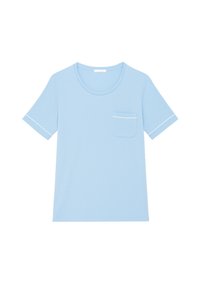 Lichtblauwe T-shirt met korte mouwen van zacht materiaal, met een ronde halslijn en een borstzak met een witte afwerking.