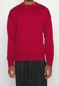 Roter Strickpullover mit Rundhalsausschnitt, langen Ärmeln, geripptem Saum und Bündchen sowie einem dezenten Logo-Detail am Ärmel. Weicher, mittelschwerer Stoff.