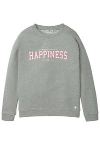 Sudadera gris con cuello redondo, puños y dobladillo de canalé. Presenta texto en rosa que dice "FELICIDAD" y un pequeño detalle de logo en la esquina inferior derecha.