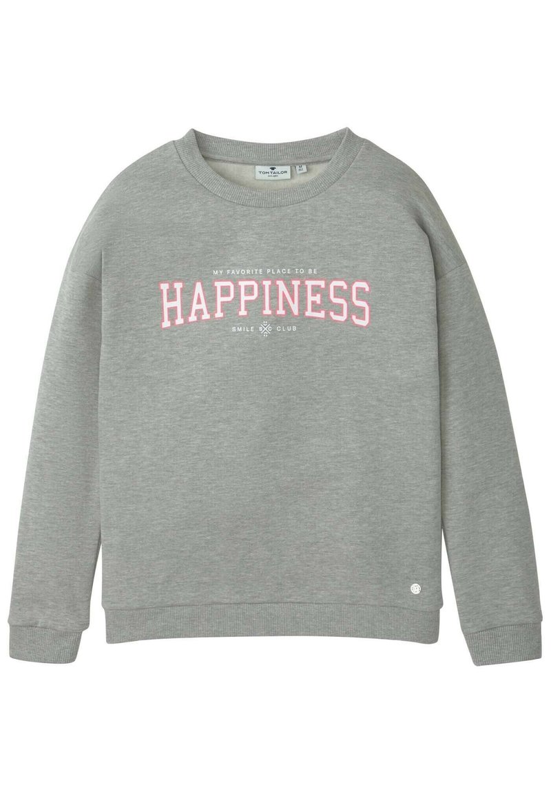 Sudadera gris con cuello redondo, puños y dobladillo de canalé. Presenta texto en rosa que dice "FELICIDAD" y un pequeño detalle de logo en la esquina inferior derecha.