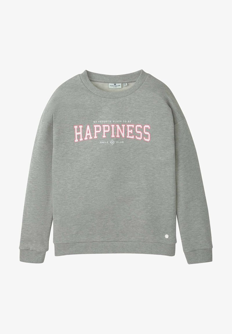 Grijze sweatshirt met een ronde halslijn, ribgebreide manchetten en zoom. Bevat roze tekst met de opdruk "HAPPINESS" en een klein logo-detail op de rechteronderkant.