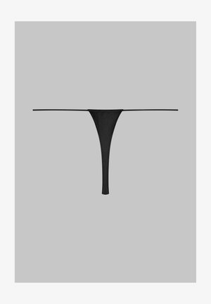 Black thong made of smooth, stretchy fabric. Features minimal coverage with thin side straps and a V-shaped front design.