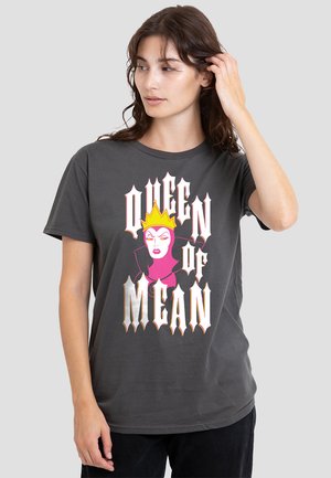 Dark gray cotton t-shirt featuring a graphic print of a queen with a crown, bold lettering stating "QUEEN OF MEAN," with pink and white accents.