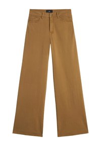 Pantaloni larghi marroni con una texture liscia, dotati di tasche frontali, chiusura con zip e taglio dritto dalla vita all'orlo.