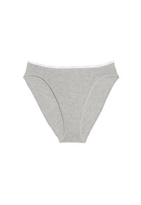 Gray cotton underwear featuring a white branded waistband, mid-rise cut, and smooth texture with soft edges for comfort.