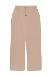Pantalones de pierna ancha beige claro con cinturilla elástica y cordón, hechos de una tela suave, sin bolsillos visibles ni adornos.