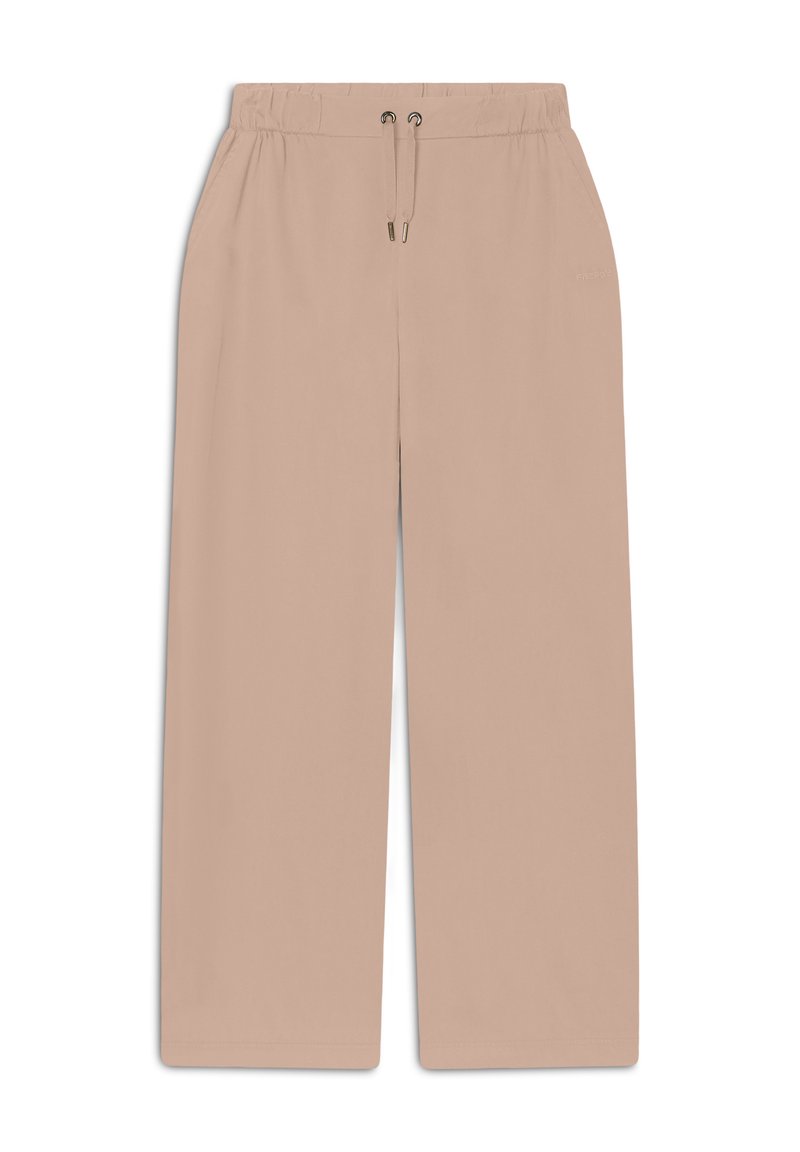 Pantalones de pierna ancha beige claro con cinturilla elástica y cordón, hechos de una tela suave, sin bolsillos visibles ni adornos.