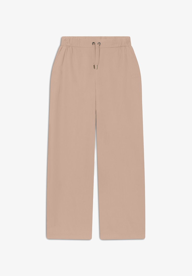 Pantalones de pierna ancha beige claro con cinturilla elástica y cordón, hechos de una tela suave, sin bolsillos visibles ni adornos.