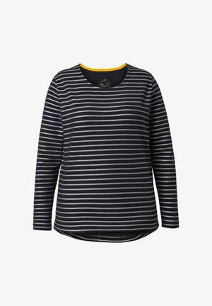 Long-sleeve navy and gray striped shirt with a round neckline and a yellow accent at the collar. Soft fabric with a relaxed fit.