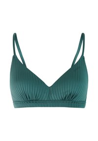 Bralette de tela verde acanalada con tirantes delgados ajustables y escote en V, diseñado para soporte ligero y comodidad.