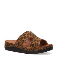 Sandal med leopardprint i ruskind, der har åben tå-design, polstret sål og holdbar sort sål.