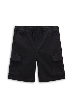 Sorte cargo-shorts til knæene med elastisk talje, snøre, sidelommer og klaplommer på hvert ben.
