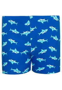 Calções de banho azuis com um padrão de tubarões repetido em azul claro e branco. Feitos de um tecido suave e elástico com uma cintura elástica.