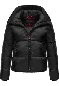 Schwarze Puffjacke mit hohem Kragen, Reißverschluss und gesteppten Abschnitten. Sie hat eine glatte, glänzende Textur und ein Markenschild im Innenbereich.