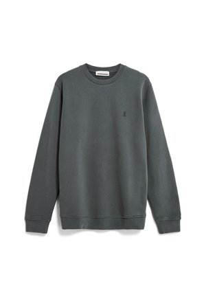 Gray sweatshirt made of soft fabric, featuring a round neckline, long sleeves, and a small embroidered logo on the left chest.