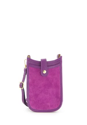 Purple suede crossbody bag with a textured finish, gold hardware, and a front tab closure. Adjustable strap for versatile wear.