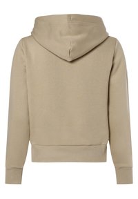 Sudadera beige con mangas largas, puños y cintura acanalados, vista desde atrás, con la capucha plana.
