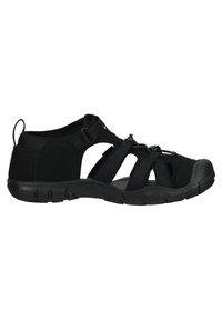 Black athletic sandal featuring a textured upper with adjustable straps and a molded rubber sole for grip and durability.