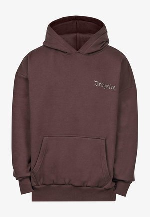 Hnedá mikina s kapucňou vyrobená z mäkkej látky, s predným vreckom, rebrovanými manžetami a kapucňou na šnúrku. Na hrudi je vyšitý nápis "Dropsize" v sivej farbe.