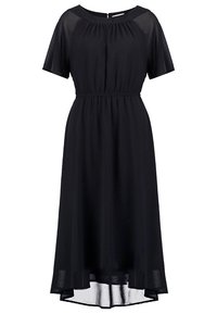 Robe midi noire avec manches courtes, col rond, corsage froncé, taille élastique et ourlet arrière légèrement plus long pour une silhouette fluide.