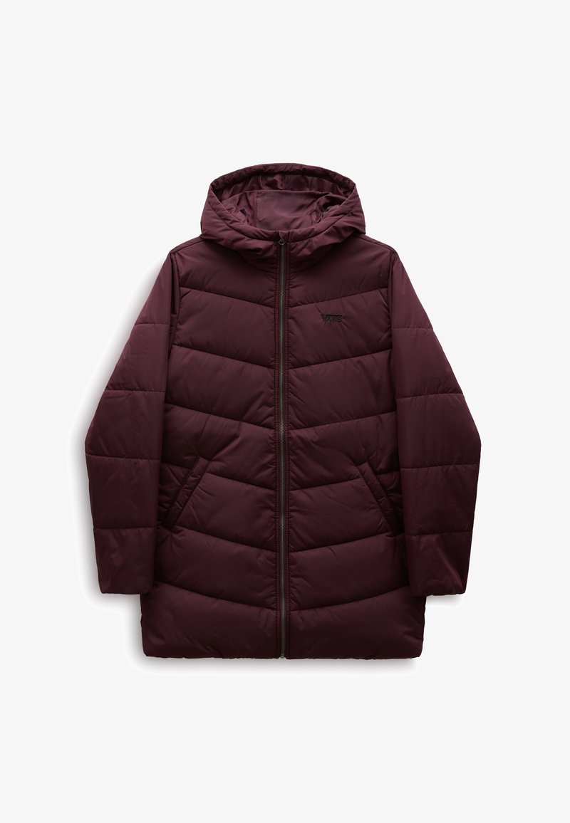 Chaqueta acolchada burdeos con capucha, que presenta una textura acolchada, cierre frontal y dos bolsillos laterales. Tejido suave y ligero.