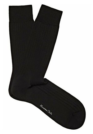 Schwarze, gerippte Socken aus einem glatten Stoff, mit verstärkter Zehen- und Fersenpartie, versehen mit dem weißen "Massimo Dutti" Logo an der Seite.