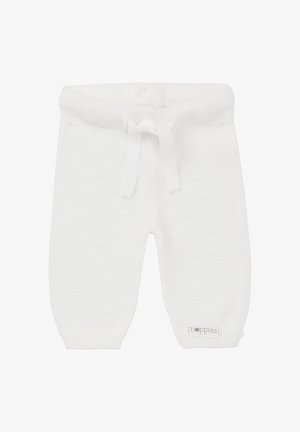 Hvide strikkede babybukser med snøre i taljen, ribbede manchetter og et struktureret mønster; inkluderer et diskret logo-tag på den nedre side.