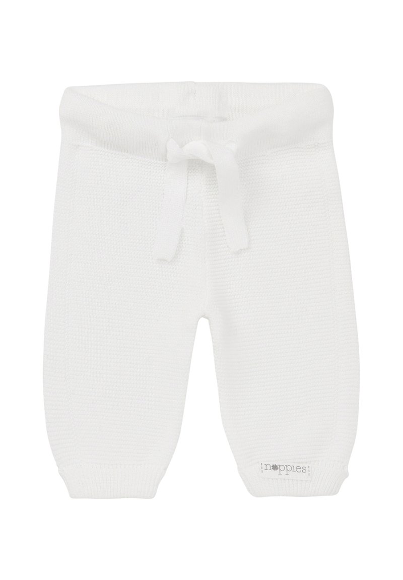 Pantalons de bébé en tricot blanc avec taille élastique, poignets côtelés et motif texturé ; comprend une étiquette logo discrète sur le côté inférieur.