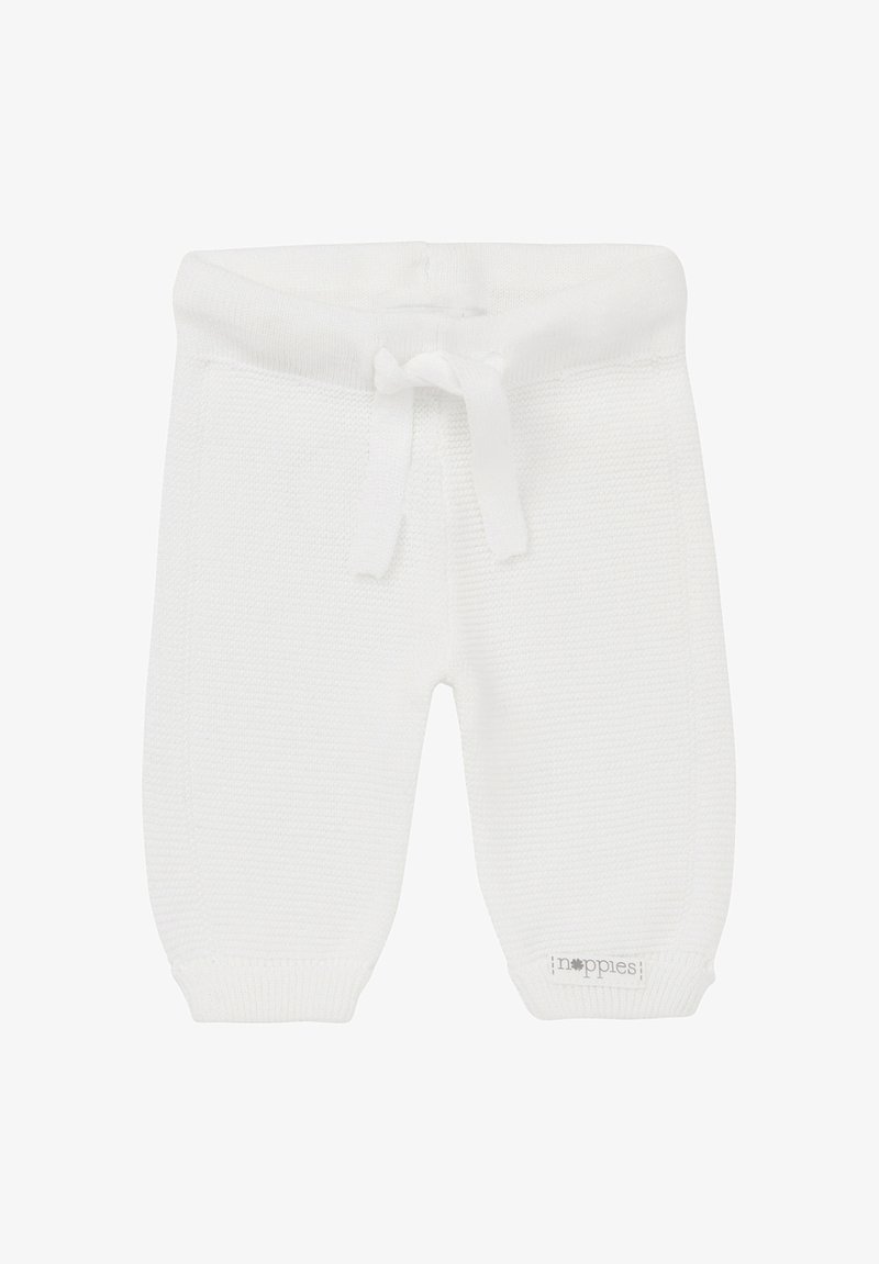 Weiße gestrickte Babypants mit einem Kordelzugbund, gerippten Säumen und einem strukturierten Muster; enthält ein dezentes Logo-Tag an der unteren Seite.
