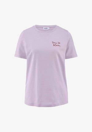 Lilac cotton t-shirt featuring a crew neck, short sleeves, and red embroidered text "time to bloom" on the front, smooth texture.
