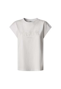 Bílá bavlněná tričko s krátkým rukávem, s vyvýšeným výšivkou "PEPE JEANS LONDON" na přední straně. Jednoduchý design, měkká textura.