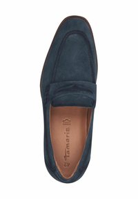 Dunkelblaue Wildleder Slipper mit geschwungener Form, glatter Textur und einer gestickten Akzentuierung vorne. Leder-Innenausstattung mit geprägtem Branding.