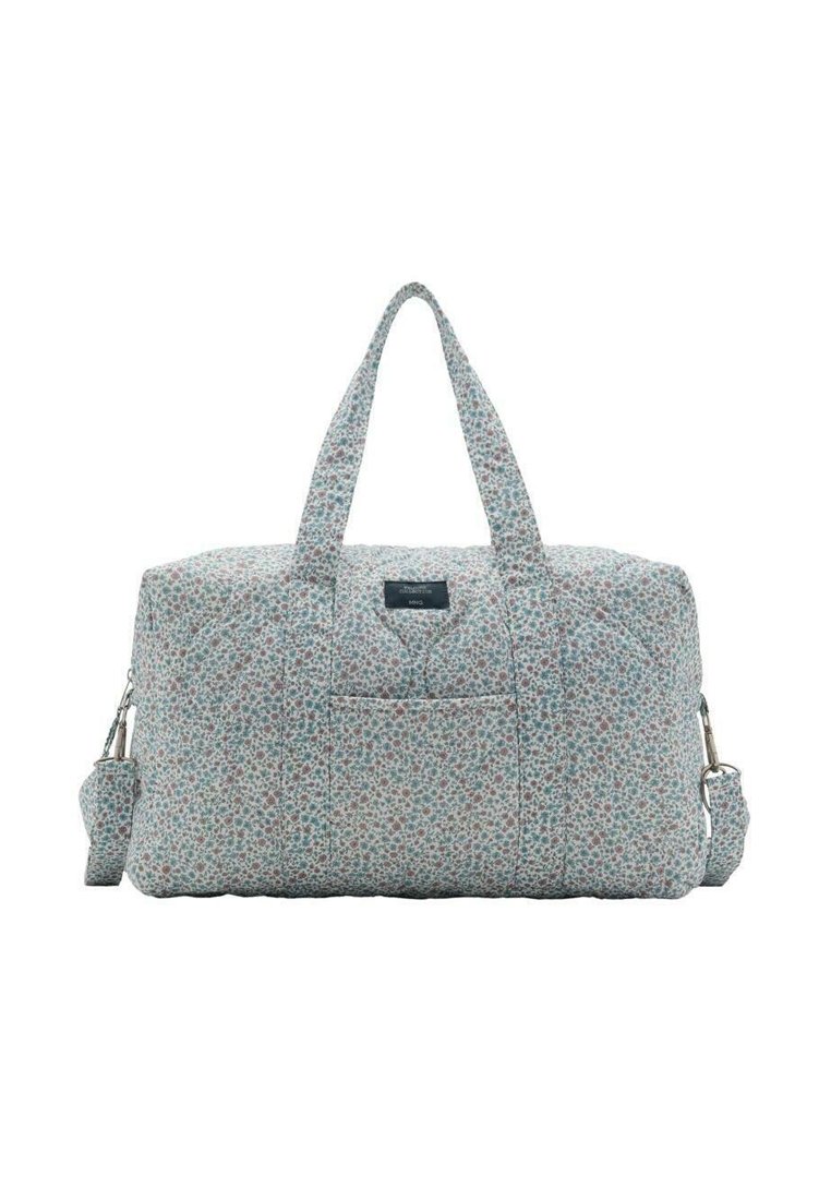 Borsa a tracolla a motivo floreale con tessuto blu chiaro, due manici corti, tracolla rimovibile e una tasca frontale. Superficie testurizzata.