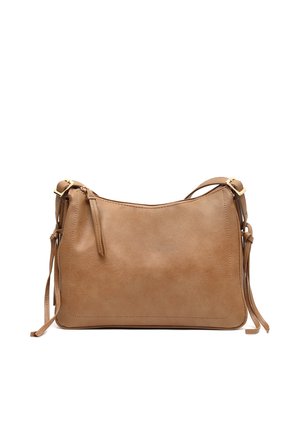 Brązowa skórzana torba na ramię z regulowanymi paskami zapinanymi na sprzączkę i zamkiem błyskawicznym, zaprojektowana do codziennego użytku.